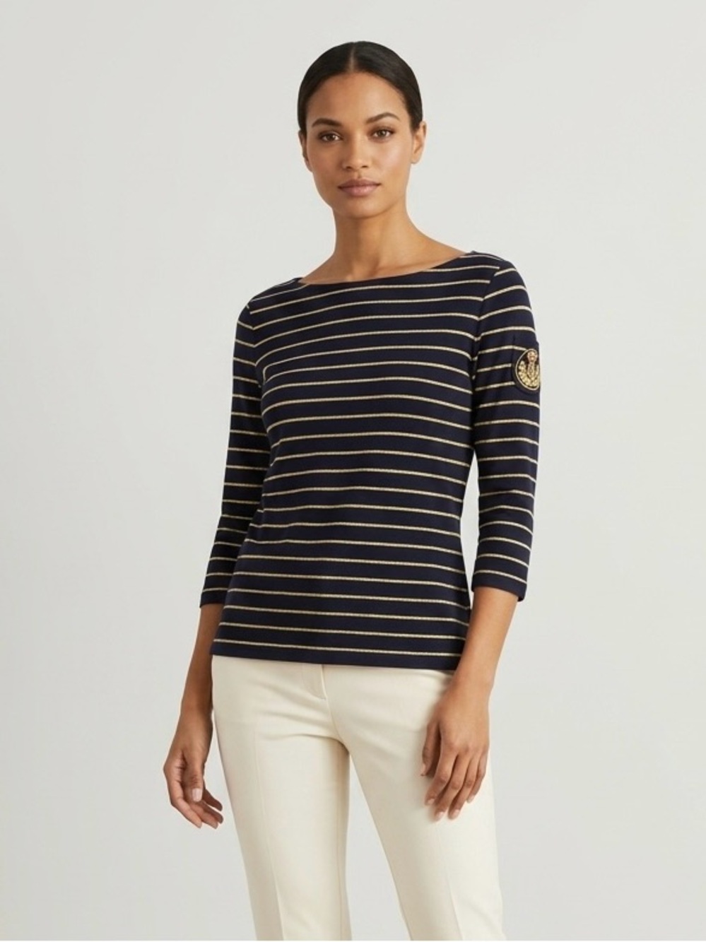 Lauren Ralph Lauren Navy and Metallic Gold Striped Boatneck Top